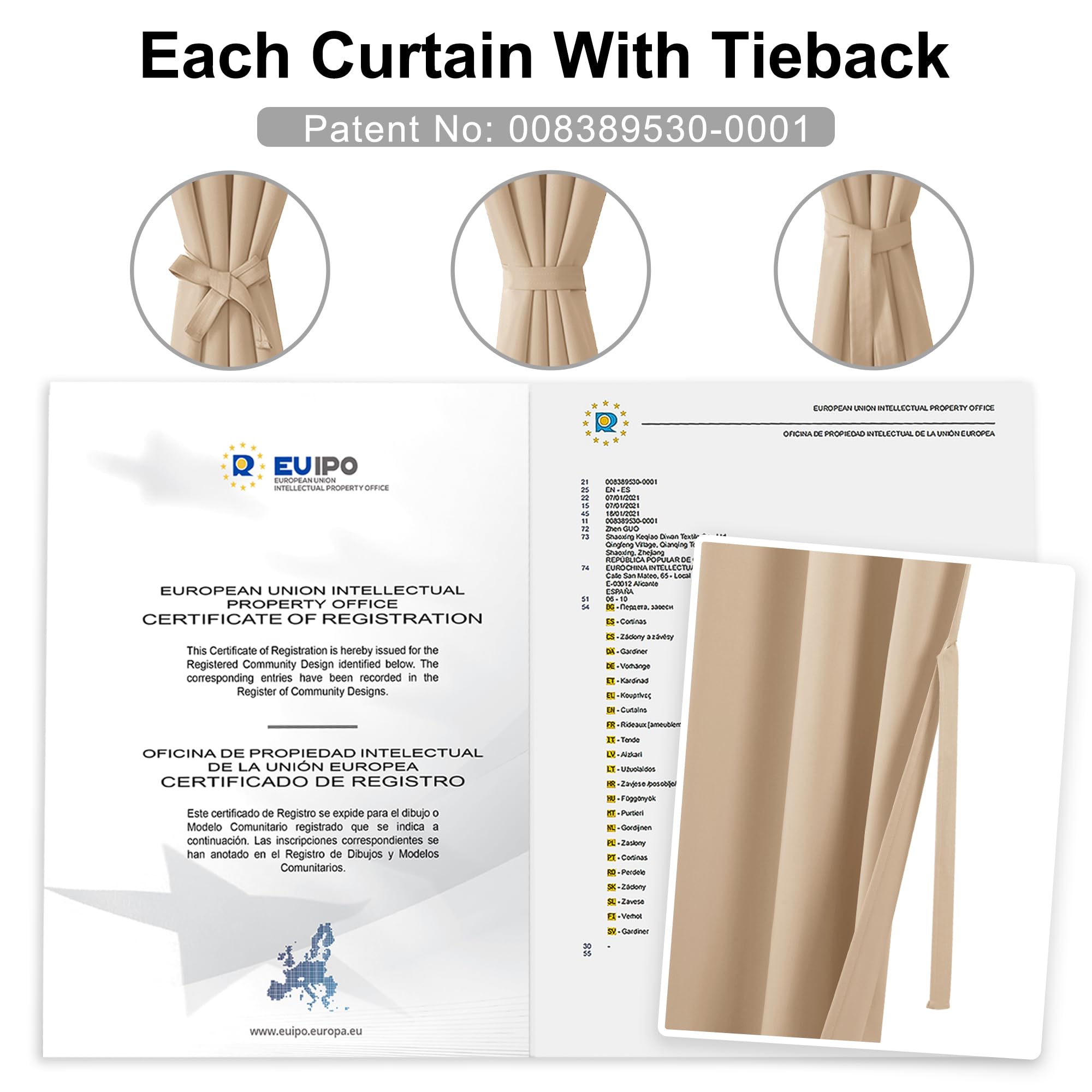 Hiasan Rideaux Occultants avec Galon Fronceur, 245 x 140cm (L x H), Beige | Thermiques et Protection anti Froid, Opaques pour Salon et Chambre à Coucher avec Embrasses, 2 Pieces