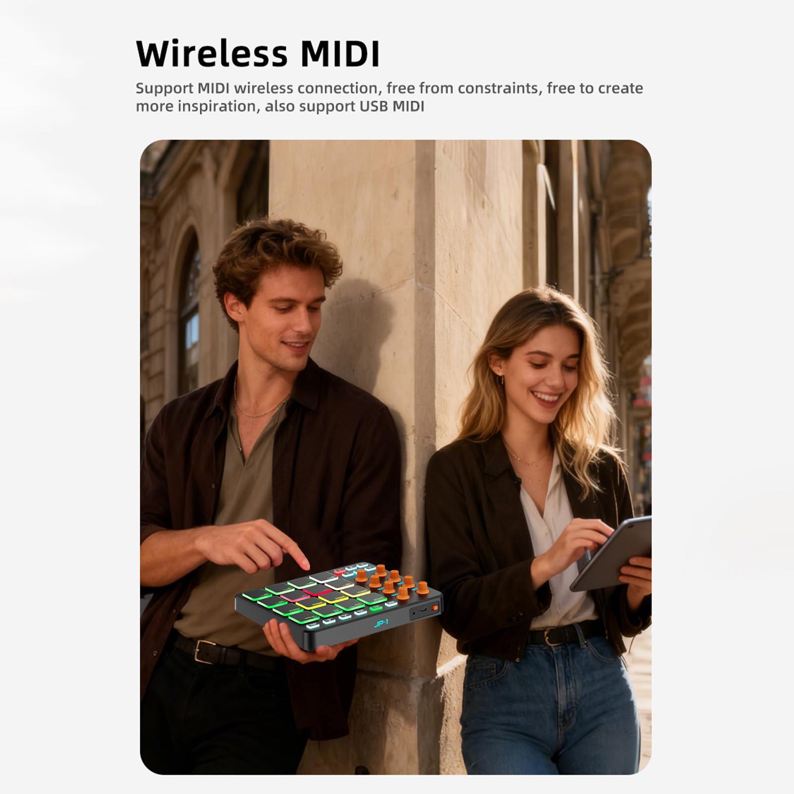 Controlador MIDI, 16 Pads RGB 8 Perillas 6 Botones Personalizables Batería Inalámbrica Recargable de 2000mAh, con Conexión USB MIDI para Profesionales Principiantes en (Negra)