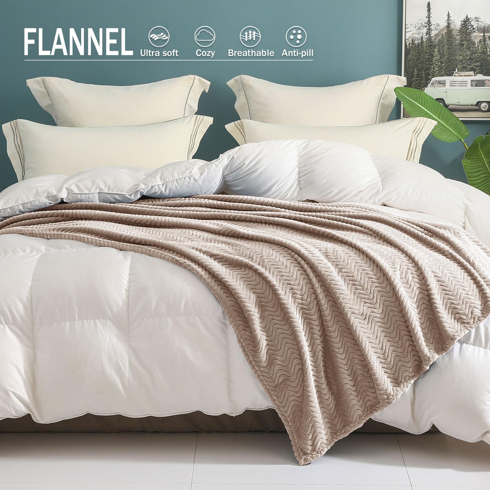 Manta de vellón color beige para sofá cama, supersuave y acogedora con textura de ondas decorativas, afelpada, liviana, para usar en todas las estaciones, 50 x 70 pulgadas 2