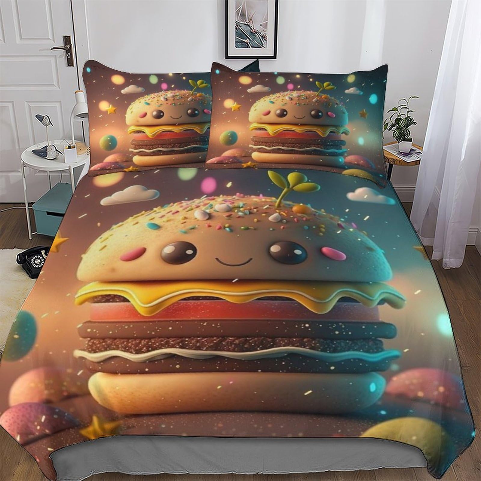 PAZZK Burger 3D Printed Duvet Cover Set Microfibre Soft Quilt Covers Easy Care Quality Comforter Cover Bedding Sets with Pillowcase for Teen Adult Kids Single (135x200cm)