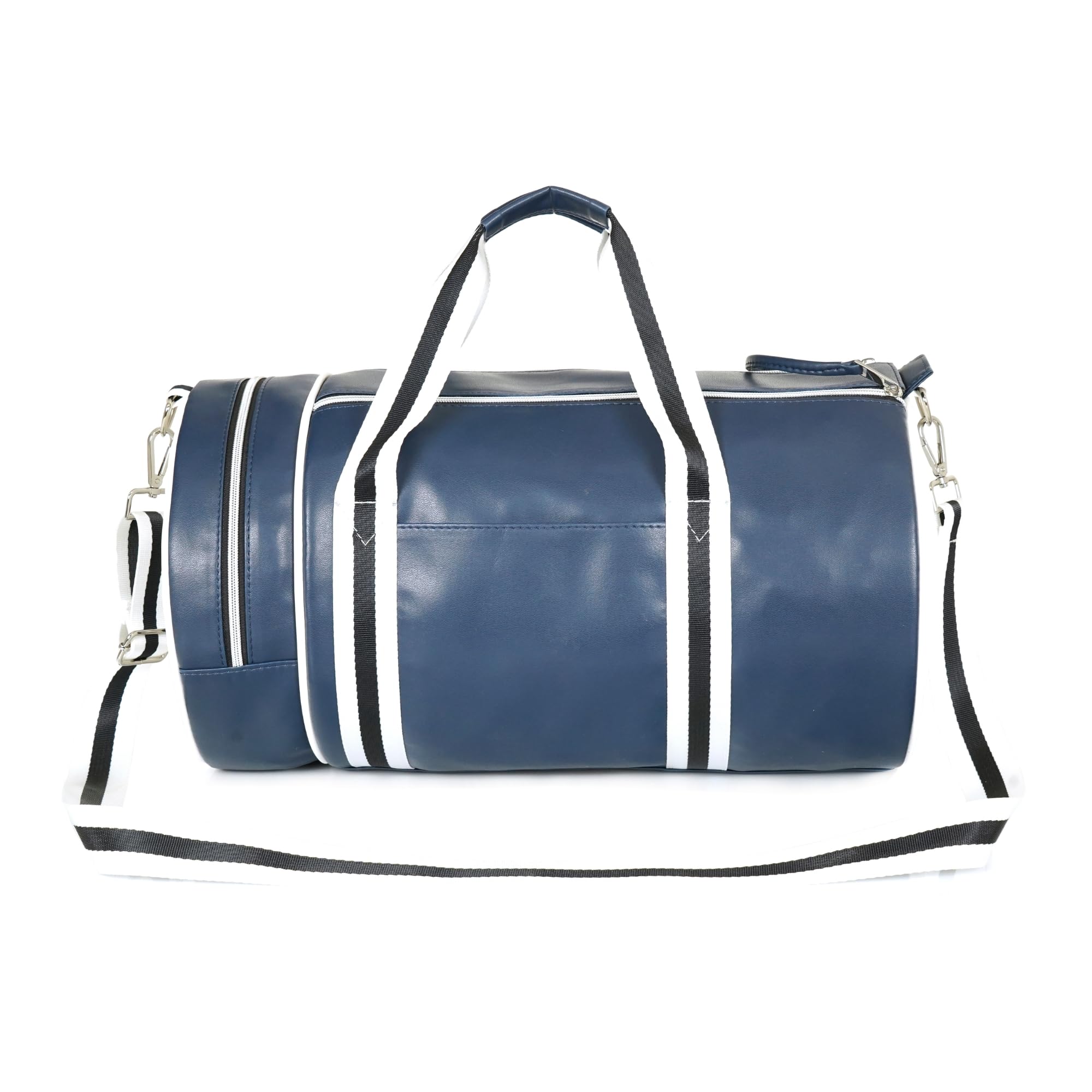 Unisex 26L PU Barrel Duffel Bag | Faux/Vegan Leather | Lightweight & Durable Silver-Tone Hardware | Shoe Compartment, Stash Pocket Duffle for Sports, Gym, Weekend Trips and Travel | Navy Blue-image-13