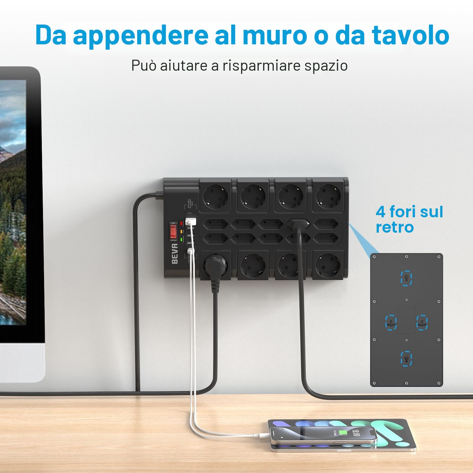 4M Ciabatta Multipresa 3680W/16A, BEVA Ciabatta Elettrica con 18 Prese CA, 4 Porte di Ricarica USB-A e 2 USB-C, Presa con Indicatore di Stato e Protezione Dalle Sovratensioni