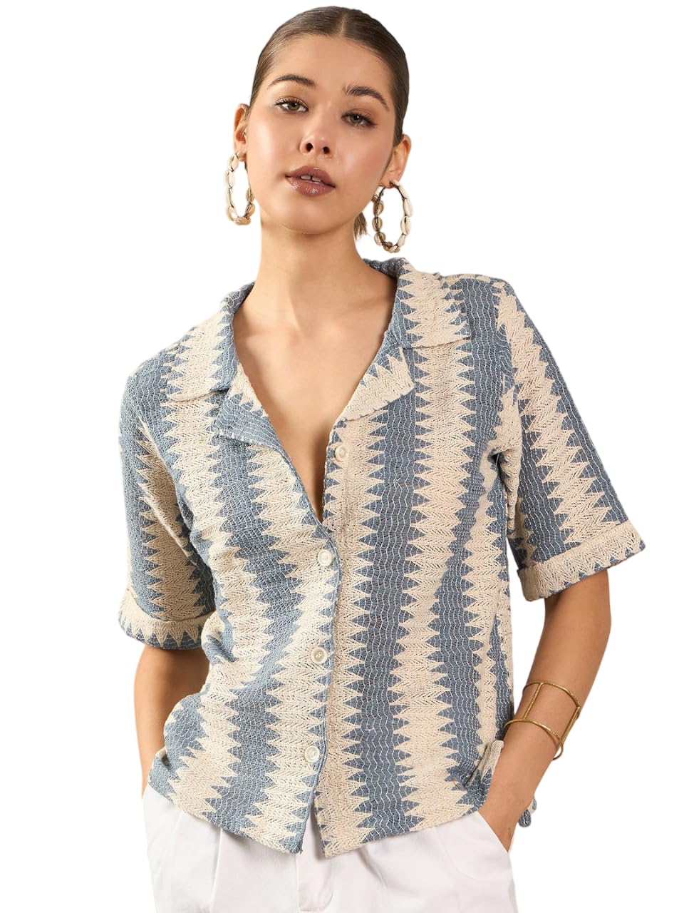 sa Simplesio Attire Women’s Blue & White Textured Casual Shirt | Cuban Collar Short Sleeve Button-Down Top | Lightweight Cotton Blend Boxy Fit Summer Shirt-picture-27