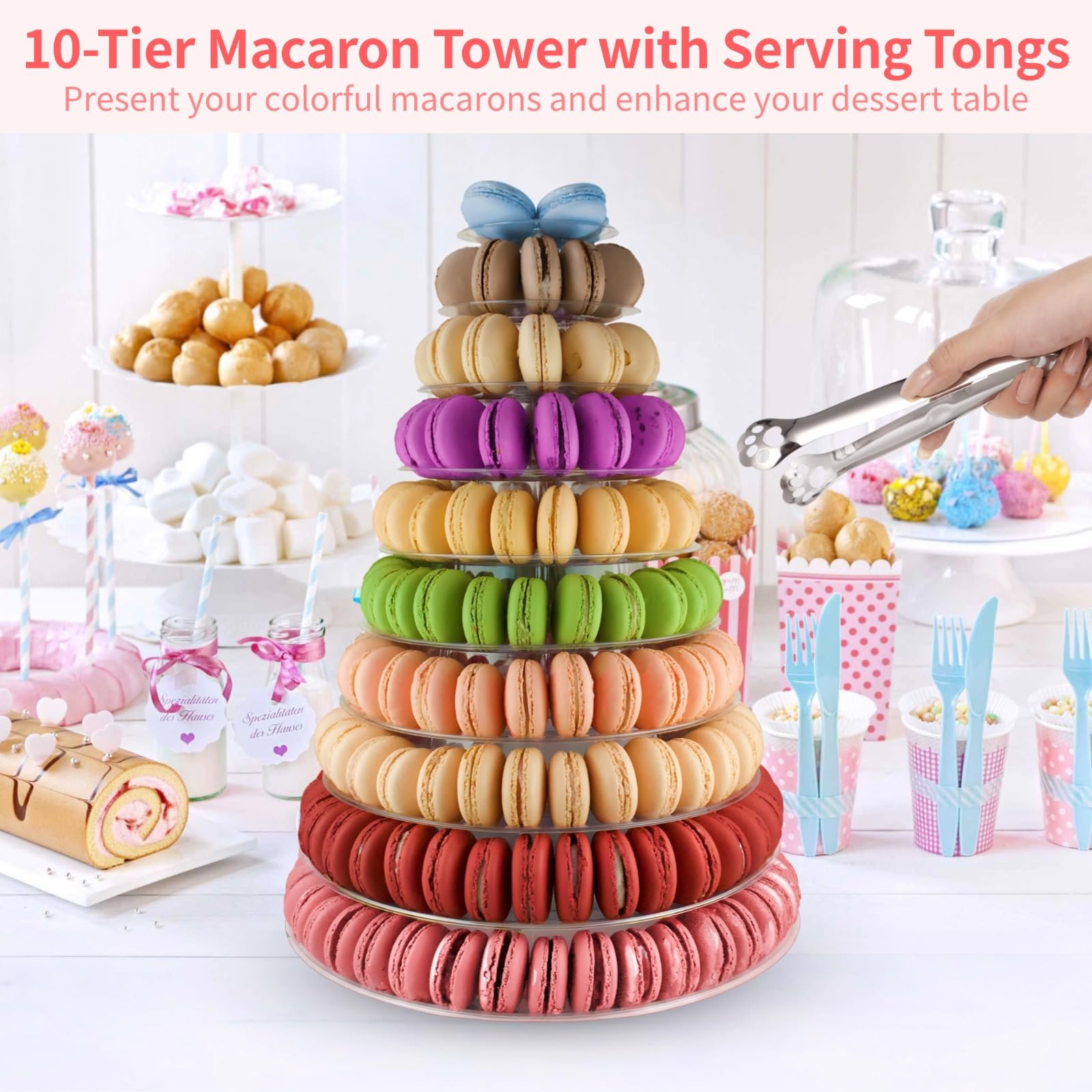 10-stöckiger transparenter Macaron-Präsentationsständer, Kunststoff-Macaron-Tabletttt, Turm mit Edelstahl-Servierzange, transparentes rundes Macaron-Display-Rack, Cupcake-Dessertständer für Hochzeiten