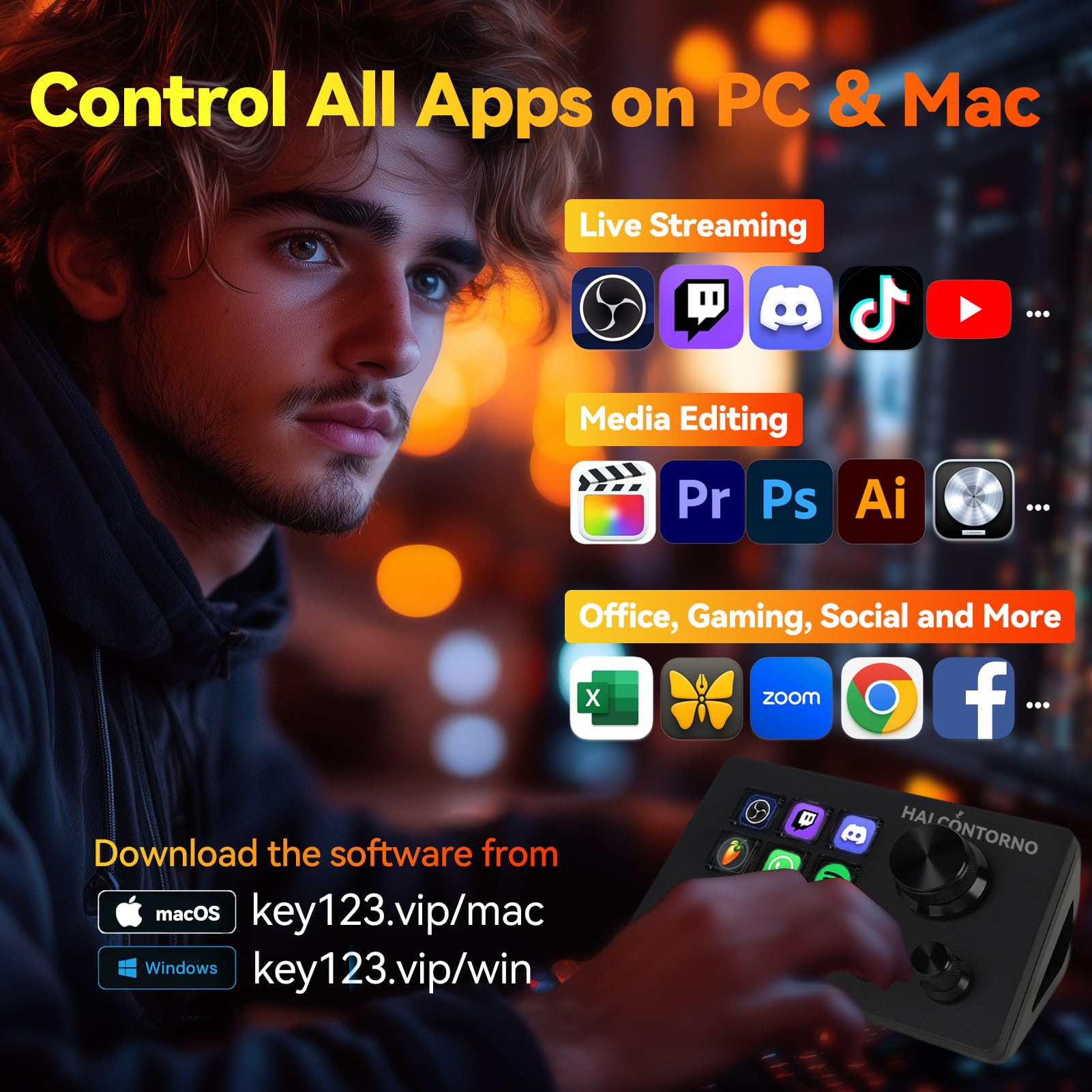 HALCONTORNO Stream Dock con manopole, Steamdeck per PC Mac, controller di streaming cablato per creatori di contenuti, tastiera macro programmabile, configurazione di gioco in streaming