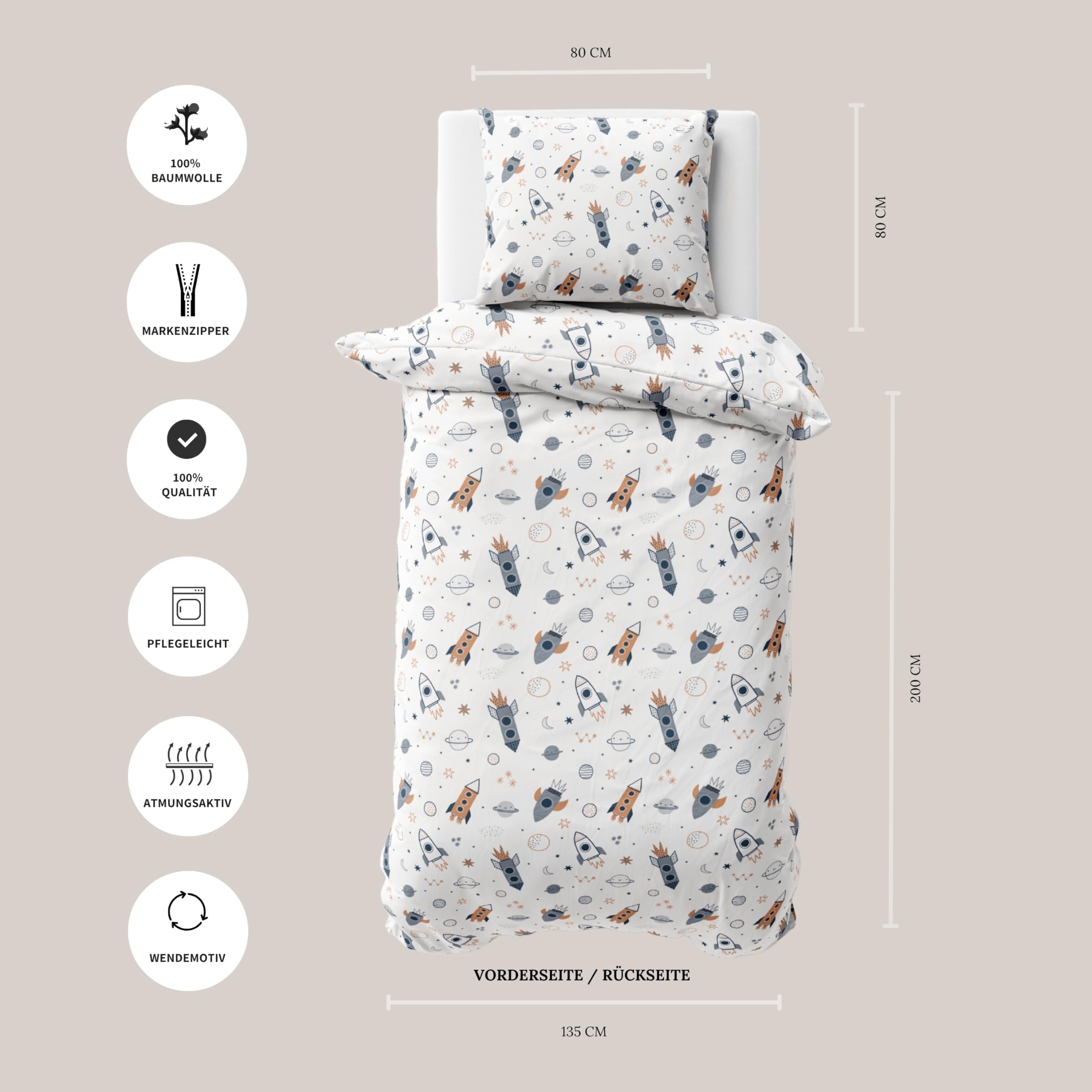 MTOnlinehandel Kinderbettwäsche 135x200 cm Set – 2-teilig mit Kissenbezug 80x80 – Bettwäsche Rakete Little Universe - Baumwolle – Auswahl Motiv – Oeko-TEX Zertifiziert (Weltall)