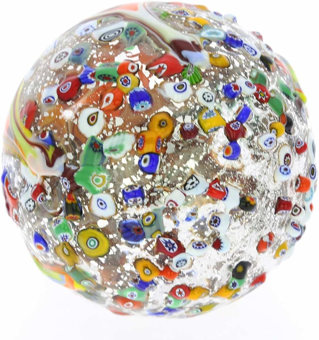 Glass Of Venice Murano Glass Christmas Ornament Multicolor Mosaic Millefiori and Silver. Blown Glass Christmas Ornament for Holiday Decor, Italian Handmade