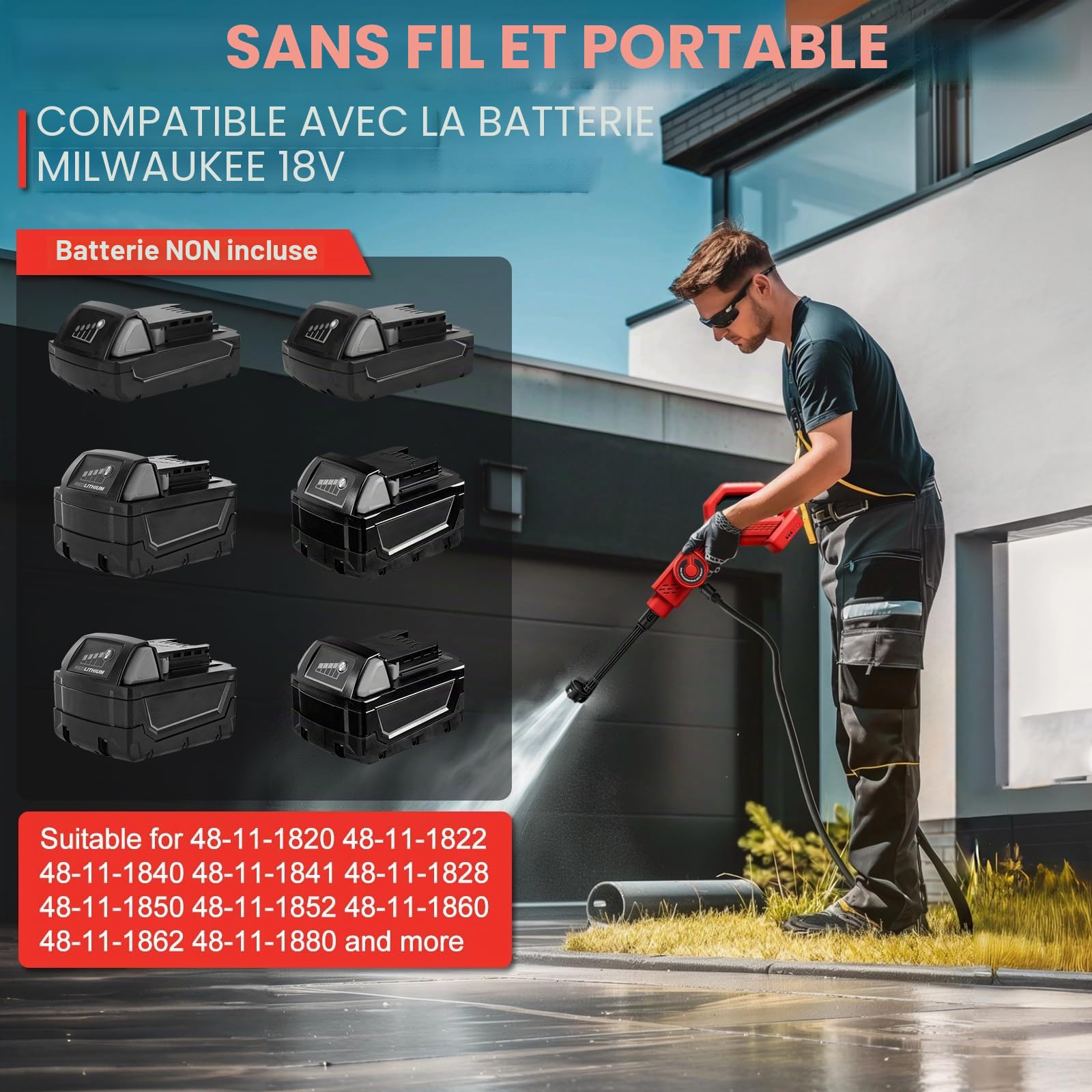 Nettoyeur Haute Pression sans Fil 80 Bar, Compatible avec Milwaukee 18V | Sans Batterie Fournie, Buse 6 en 1 Débit 6 L/min, Moteur sans Balais, Idéal pour Lavage Voiture et Nettoyage Extérieur