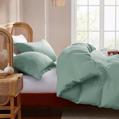 Miniatura 7 de Nestl - Juego de funda de edredón de color verde salvia y tamaño matrimonial, de suave doble cepillado, 3 piezas, con cierre de botón, 1 funda de