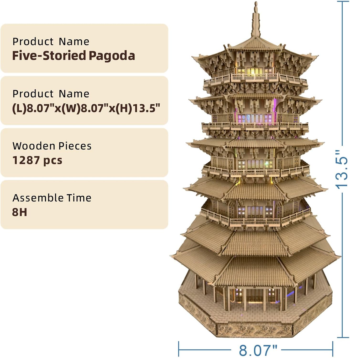 3D Wooden Puzzles for Adults Wooden Pagoda Assembly Model Kits,3D Puzzle Adult Building Crafts for Adults and 14+ Teens.(Five-Storied Pagoda 1287 Pieces)