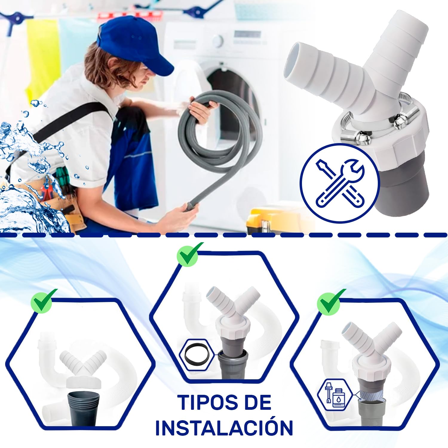 Adaptador Empalme Desague Lavadora con Salida para Tubo Ø40 mm y Entrada Ø18-23 mm - Doble Pipeta Desague en Y para Lavavajillas - Kit Incluye 2 Piezas de Abrazaderas Ø20-32 mm - MONTERAL — view 6