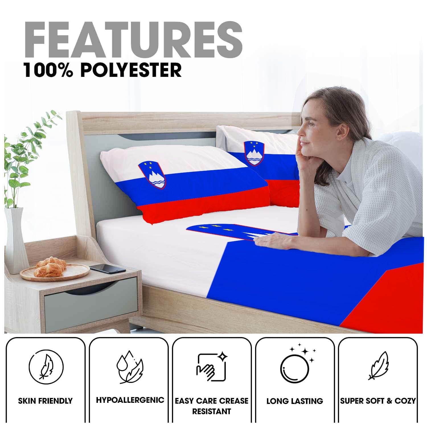 Sabana Bajera 150X190/200Cm Ajustable Bandera De Eslovenia Bajera Cama Niños, Profundidad De 30 Cm Sabanas Microfibre Suave Cómoda Azul Rojo, Geométrico Moderno Sabanas Bajeras Elástica