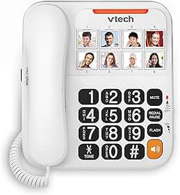 VTech Telefone com fio para idosos com botões grandes de alto contraste, mostrador rápido de 8 fotos, dígitos falantes, toque visual, full-duplex, sem alimentação CA, controle de volume do fone de