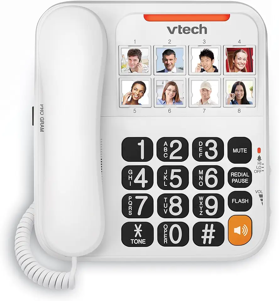 VTech Telefone com fio para idosos com botões grandes de alto contraste, mostrador rápido de 8 fotos, dígitos falantes, toque visual, full-duplex, sem alimentação CA, controle de volume do fone de