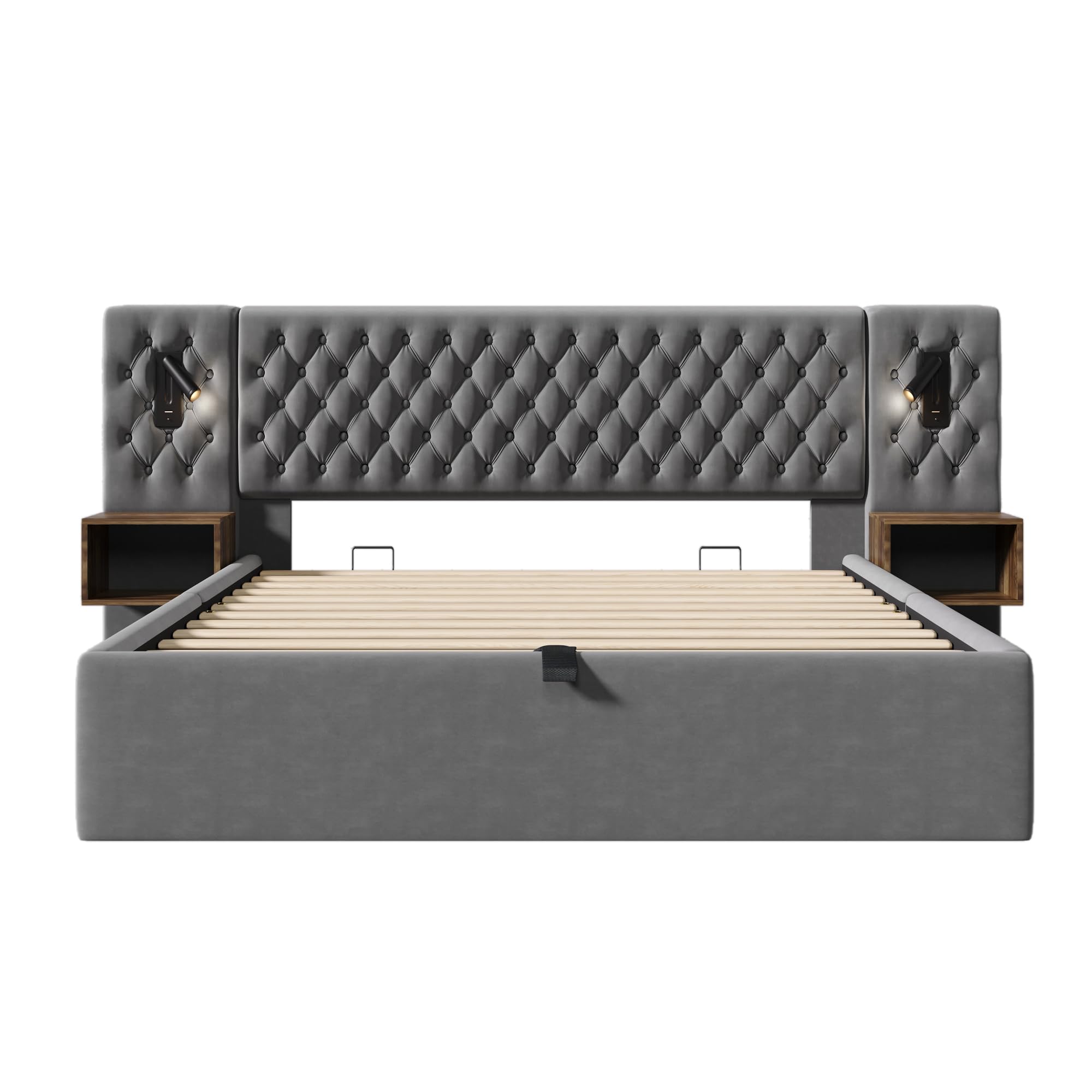 Bettanlage Schlafzimmer Komplett Set,Polsterbett Hydraulisch Stauraumbett Doppelbett mit 2 Nachttischen, Kopfteil Leselicht mit USB Ladefunktion, Samt, Ohne Matratze (Grau/2 Nachttischen, 160x200cm)