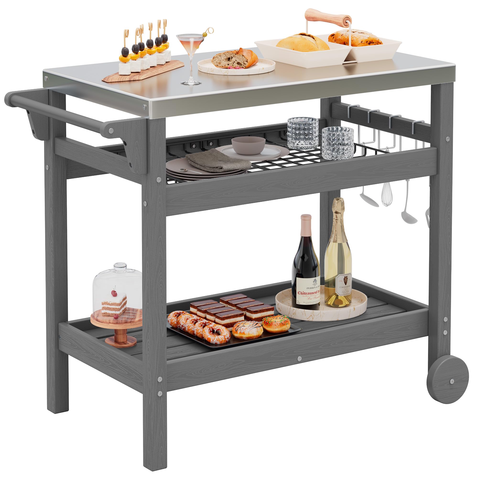 SERWALL Outdoor Grill Cart Pizza Oven Stand Trolley Table with Wheels Three-Shelf Movable Food Prep and Work Table, Grey