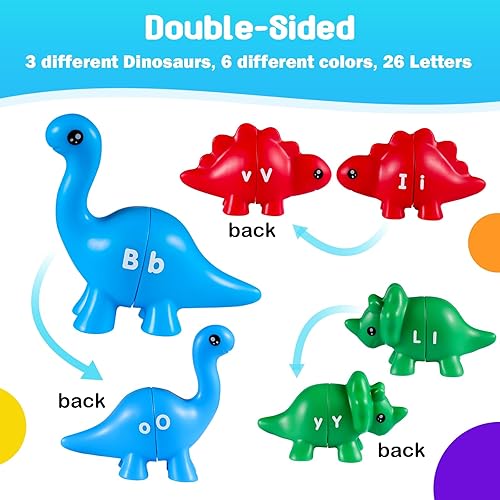 Miniatura 7 de Rukkawwa Juguetes de dinosaurio con letras a juego, 26 piezas ABC para niños de 3 a 5 años, juguetes educativos de doble cara con minúscula
