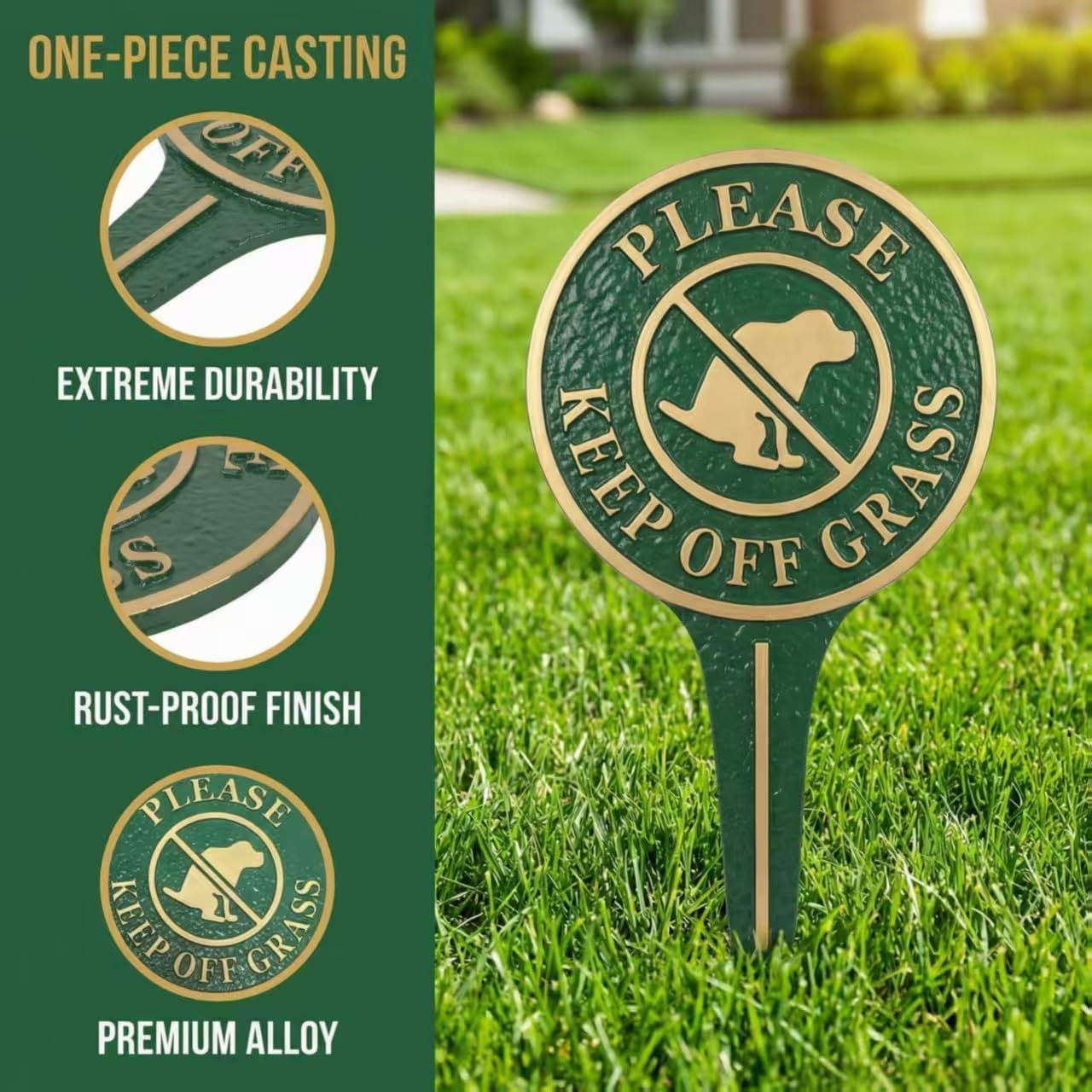 "Please Keep Off Grass" Yard Sign, Green Metal Lawn Garden Decor with Dog Silhouette, Heavy-Duty 11.22" x 6.18" Round Sign with Raised Letters, Integrated Ground Stake for Easy and Stable Installation.