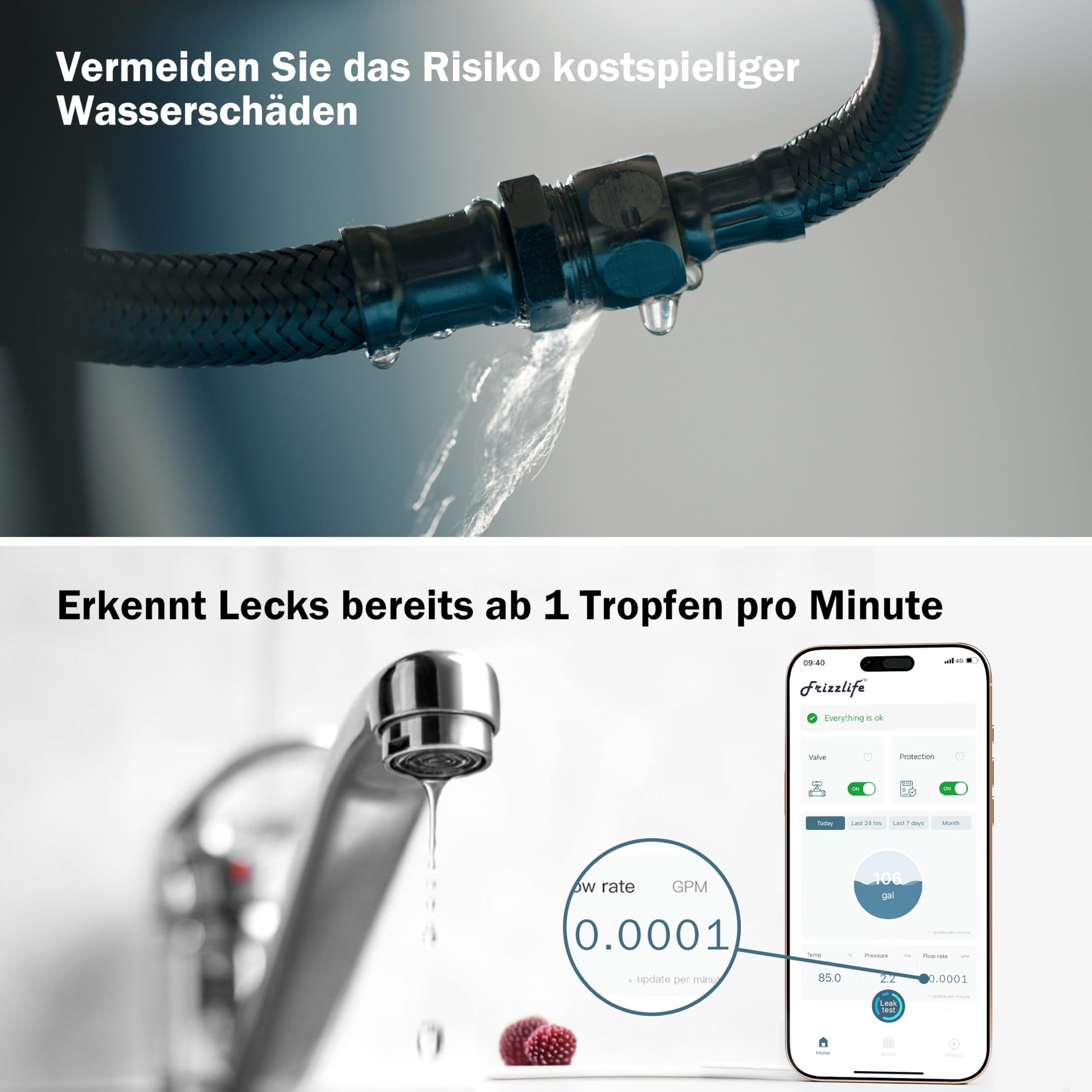 Frizzlife LP365 Wassermelder WLAN, Smart Wassermelder mit automatischer Abschaltung, App-Warnungen (2.4Ghz & 5Ghz), Wassersensor für Küche, Badezimmer, Keller, Wasserdicht nach IP67, 3/4" & 1" Rohre