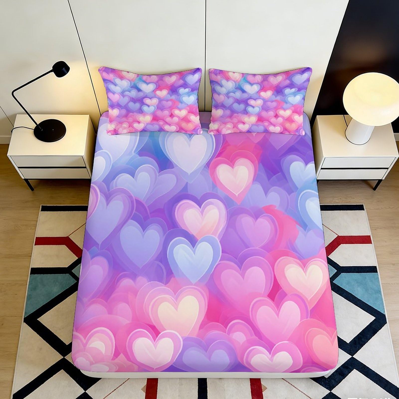 3D Printed Dreamy Heart Fitted Sheet Microfiber Deep Pocket Bedroom Bedding Full Wrap Romantic Heart Mattress Fitted Cover Washable Breathable 160x200x25cm