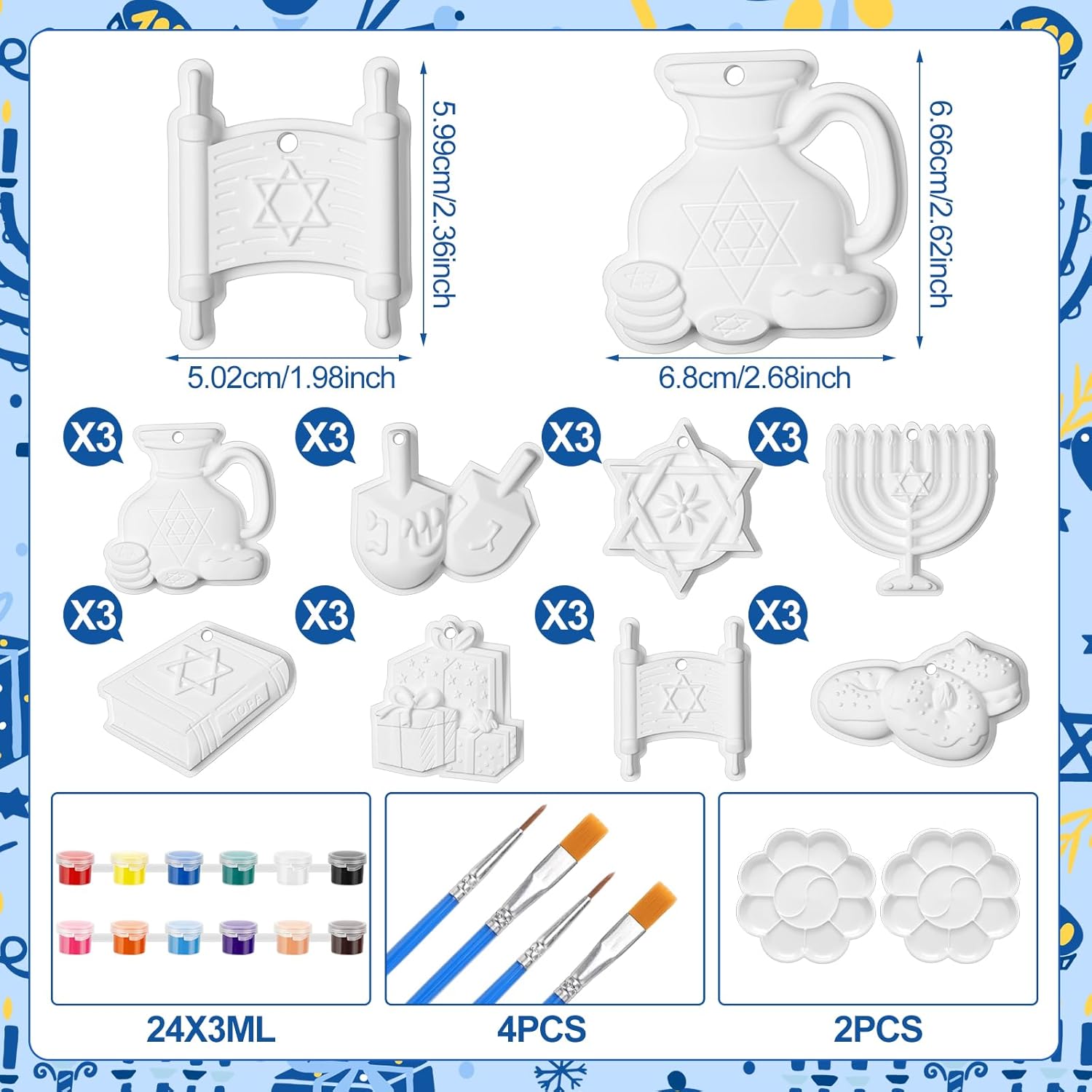 Syhood 24 Pcs Ceramic to Paint Hanukkah Dreidel Ornaments Crafts Paint Your Own Art Kit DIY Ceramics Chanukah Ceramic Christmas Ornaments Crafts Gifts Party Favors for Adults
