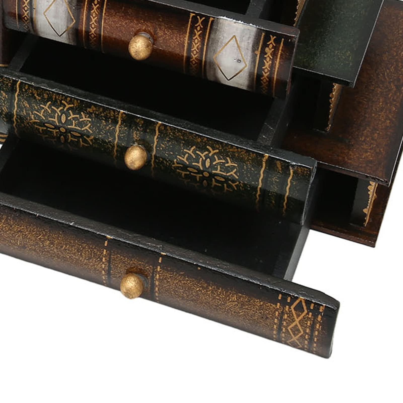 Porta libri in legno in stile retrò con cassetti, fermalibri per mensole, supporto decorativo per libri con 3 cassetti di storage ciascuno, organizzatore da scrivania per la casa e