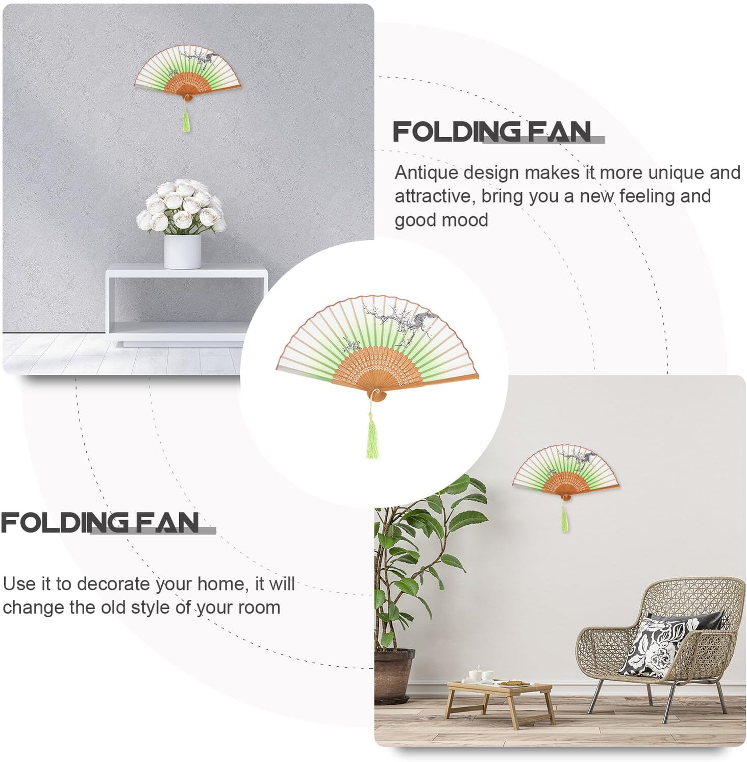 TOYANDONA Chinese Style Silk Folding Fan Frame Handheld Tassel Fan for Dance Performance and Photo Prop for Women’s Party and Summer Use