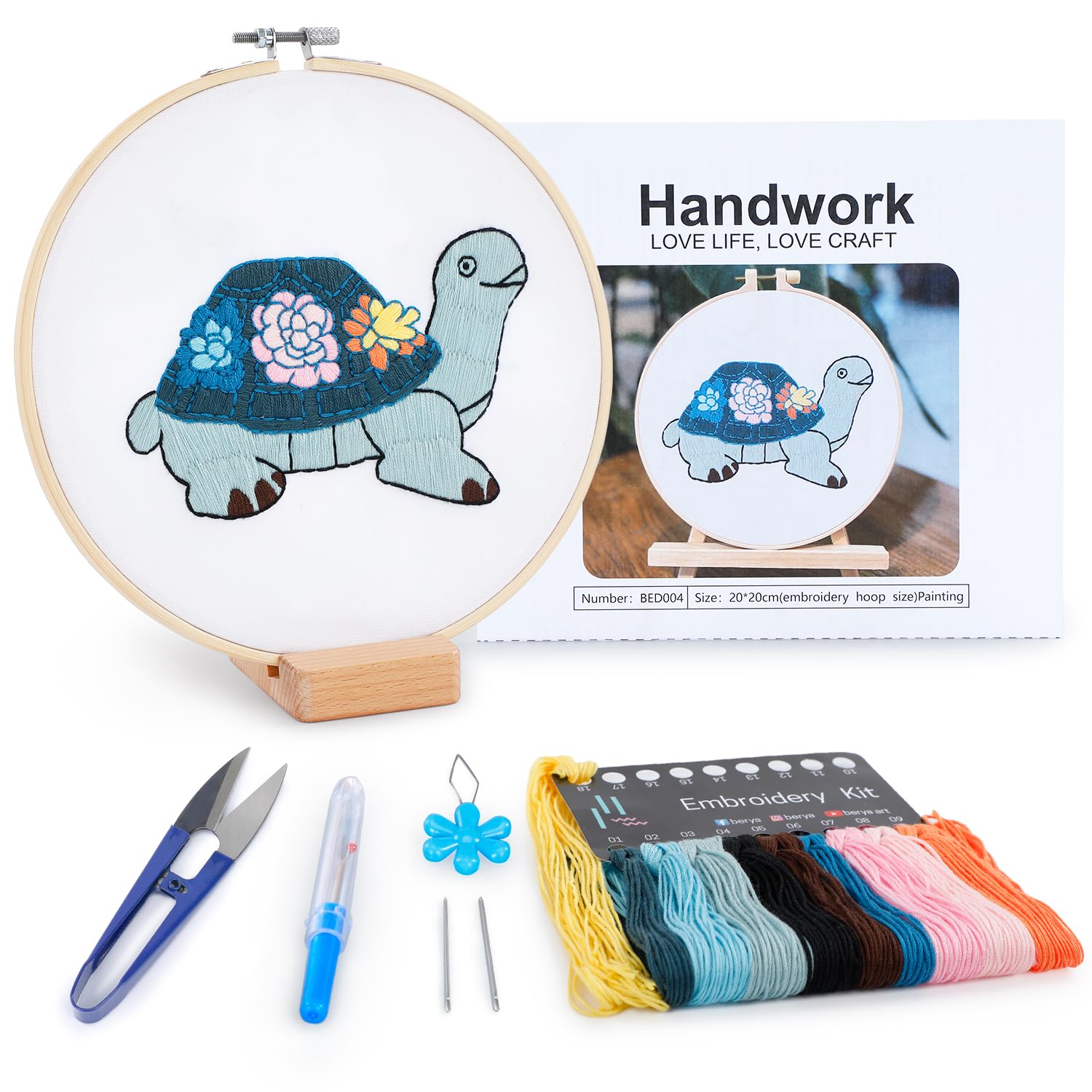 Embroidery Kit for Adult Beginners, Turtle & Flower Embroidery Kit with Step-by-Step Instructions and Video,Printed Cloth,7.87" Hoop, Display Stand,Color Threads and Tools for Craft Lover(BED004)