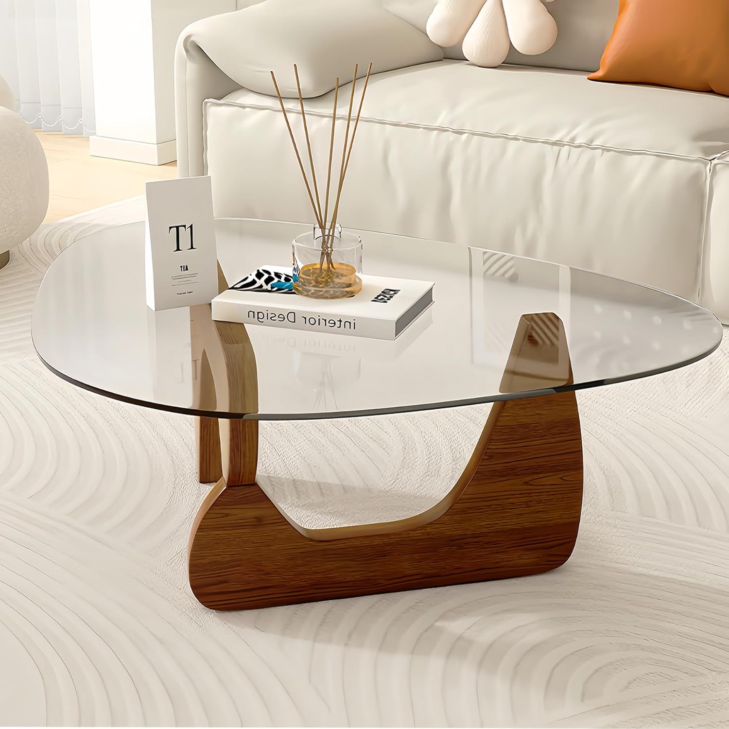 Modern Glass Coffee Table, 32.3?D×25.6?W×15.8?H-Abstract Unique Mid Century Triangle Center Table for Living Room, Minimalist Middle Tables for Home Office, Wooden Base Walnut Transparent 32.3?D×25.6?W×15.8?H