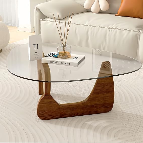 Modern Glass Coffee Table, 32.3D25.6W15.8H-Abstract Unique Mid Century Triangle Center Table for Living Room, Minimalist Middle Tables for Home Office, Wooden Base