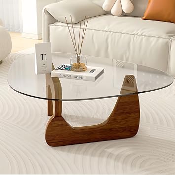 Modern Glass Coffee Table, 32.3D25.6W15.8H-Abstract Unique Mid Century Triangle Center Table for Living Room, Minimalist Middle Tables for Home Office, Wooden Base