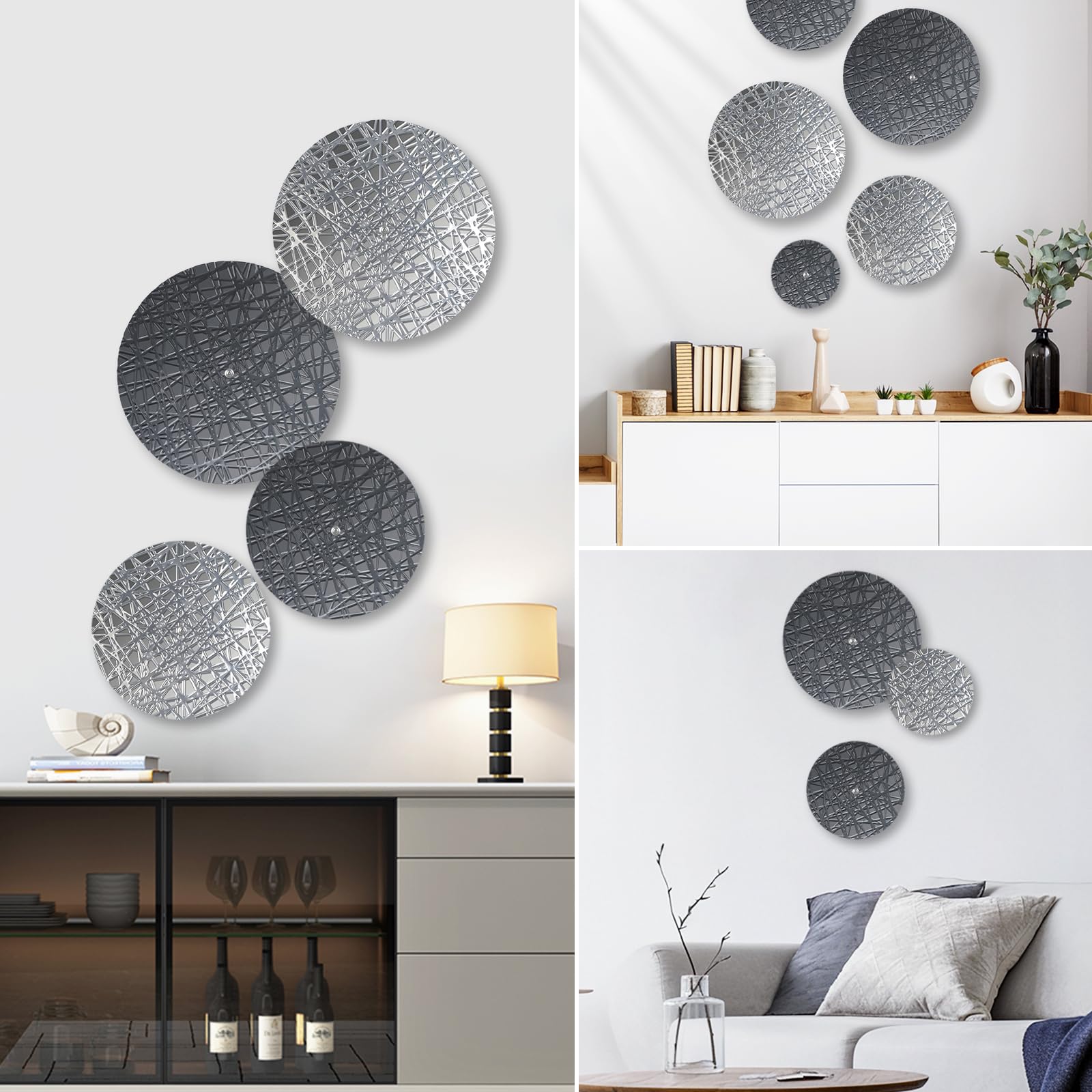 DETENE pared redonda metal Decoración,pared boho Metal redondo | 8 piezas con 4 tamaños, plateado y azul, esculturas colgantes modernas para salón, oficina, apartamento, baño