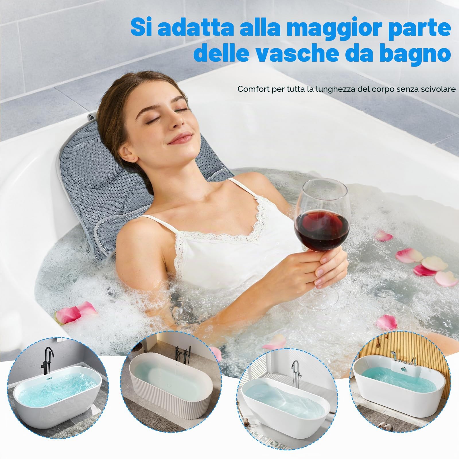 Cuscino per Vasca da Bagno a Corpo Intero, 125×40 cm per Altezza del Corpo 160–180 cm, Adatto Solo per Vasche da Bagno Lisce, Asciugatura Rapida, Amichevole per la Pelle