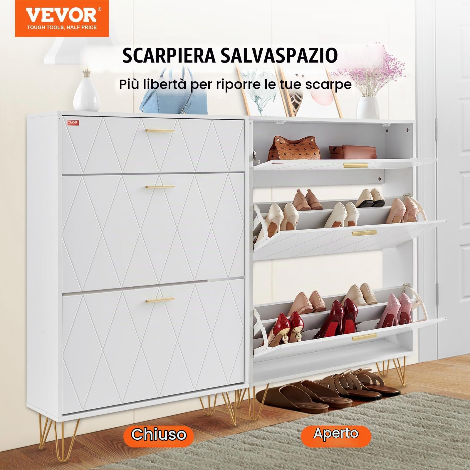 VEVOR Scarpiera a 3 Ripiani Ribaltabili per Ingresso, Corridoio, Soggiorno - Portascarpe Salvaspazio da Pavimento in Truciolare Bianco 80x24x120 cm
