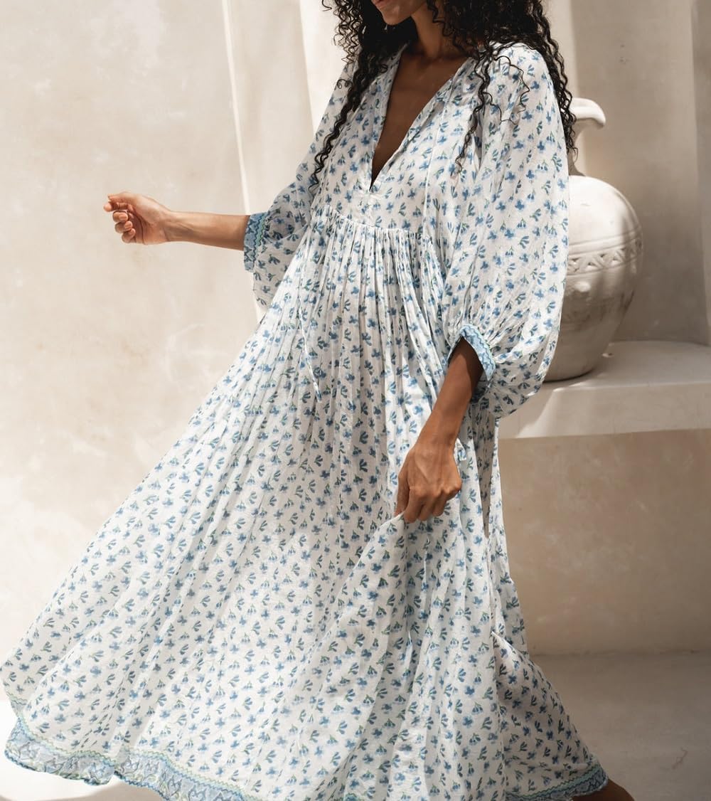 Women Boho Maxi Dress Floral Puff Sleeve V Neck Loose Flowy Long Dress Bohemian Beach Sundress - Image 2