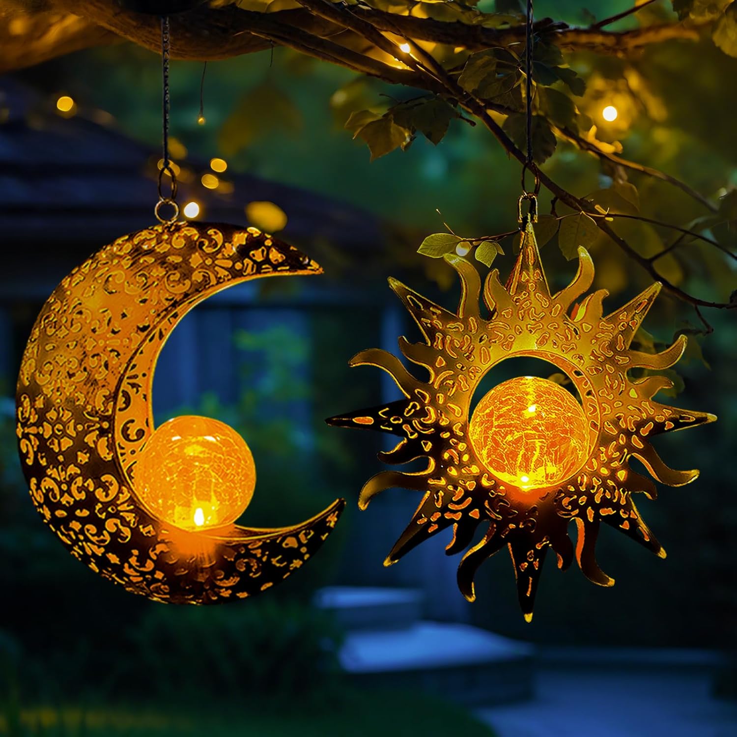 Solar Hanging Sun and Moon Lights Garden Outside Decor,2 Pack Metal Lanterns Outdoor Sunflower Art Decorations for Porch Backyard Patio Wall Tree,Unique Gardening Gifts for Women Mom Grandma