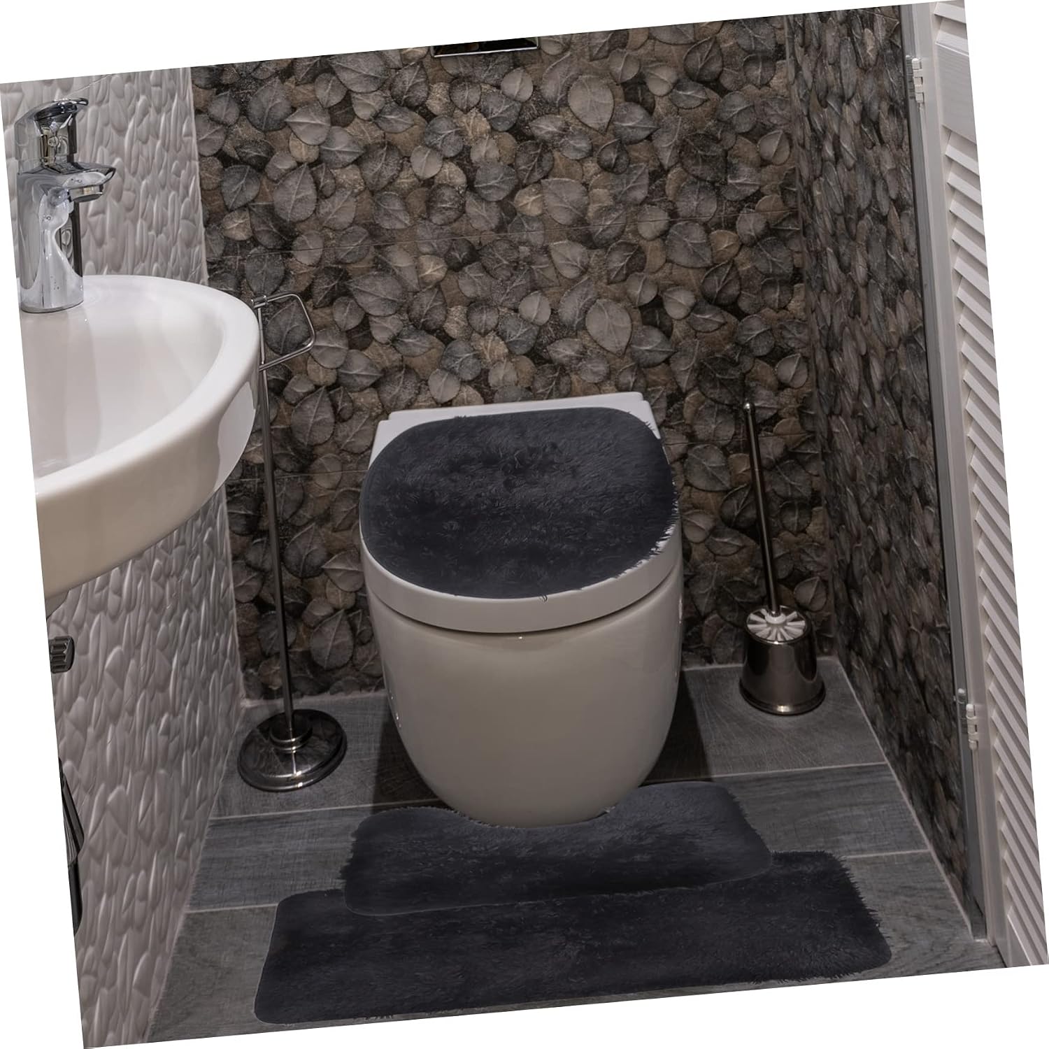 LIFKOME Toilet Lid Cover Plush Floor Mat Set Non-Slip Bathroom Mats Cozy Cushion for Home and Travel Use Black Color for Enhanced