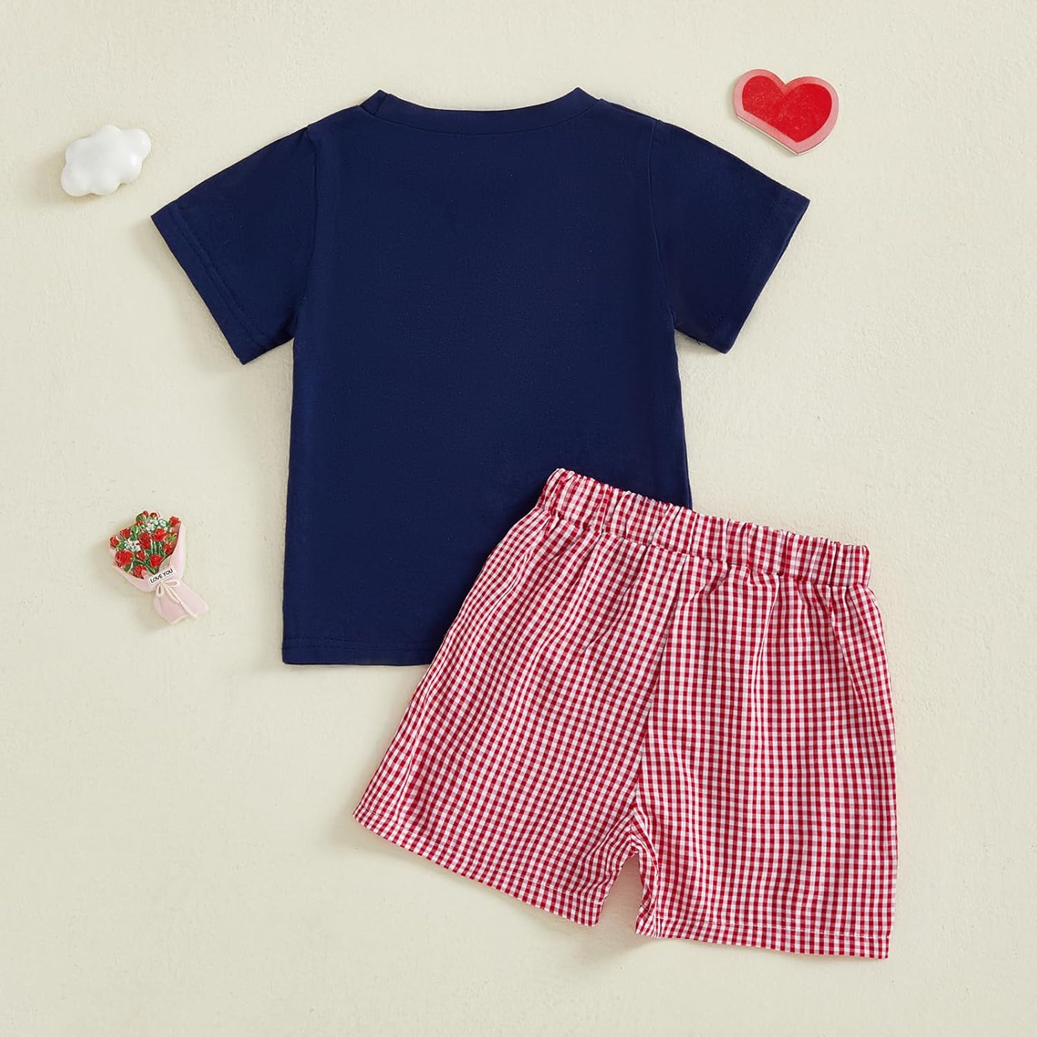 Toddler Baby Boy Valentines Outfit Heart Embroidery Short Sleeve T Shirt and Plaid Shorts 2 Piece Clothes Set - Image 6