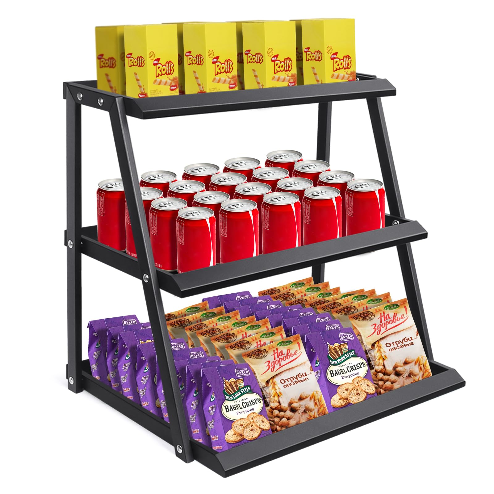 Photo 1 of YUNLINLI Candy Display Rack, Upgraded Metal Snack Display for Counter, 3 Tier Snack Organizer for Countertop, Chip Bag Holder Stand, Retail Display Shelf for Store Concession, Kitchen (Black)