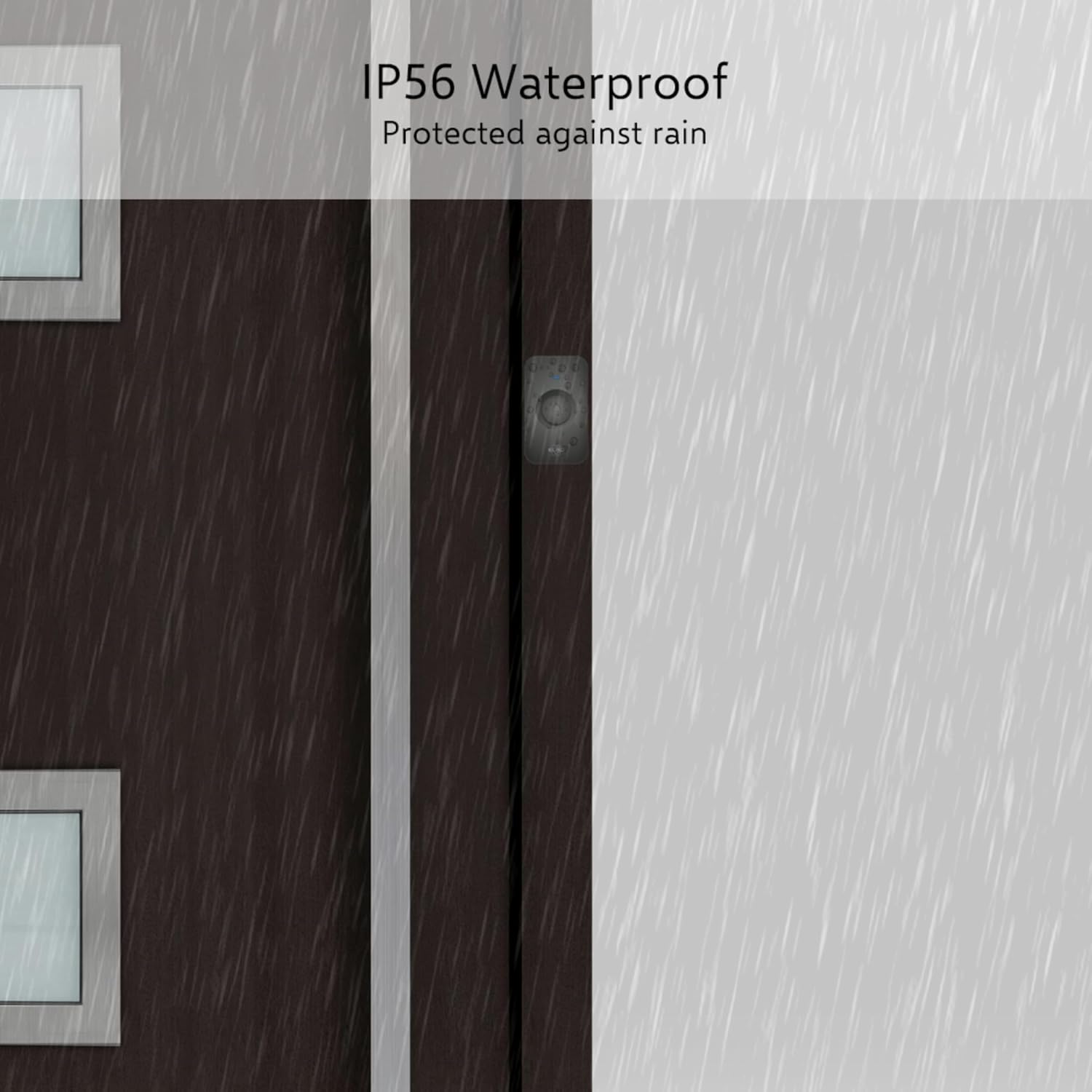 ELRO doorbell push button mounted on a door frame, with rain effects indicating its IP56 waterproof rating.