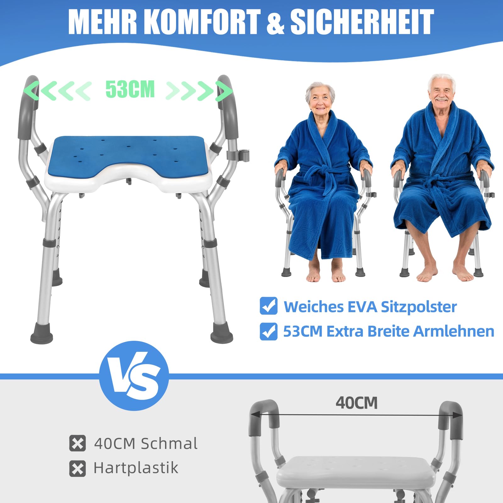 Duschhocker mit Armlehnen&EVA-Sitz,Duschstuhl höhenverstellbar als Badestuhl für Senioren,53cm Shower Chair extrabreit,Badhocker bis 150 kg belastbar,Duschhilfe werkzeugfreie Montage,Shower Stool