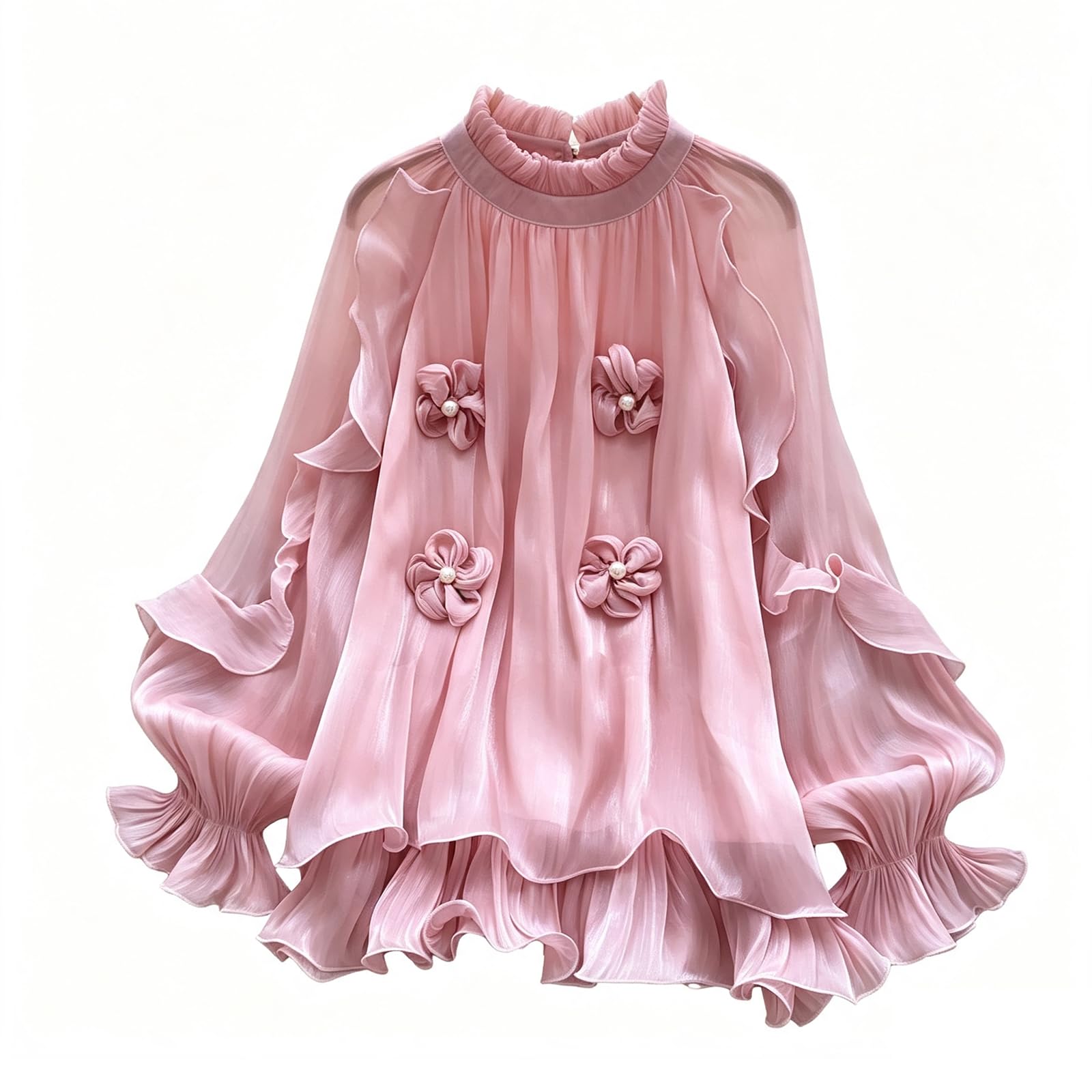 Camicia da donna con maniche a sbuffo, fiori 3D, collo arricciato, volant, blusa a vestibilità larga, pullover da ufficio e lavoro
