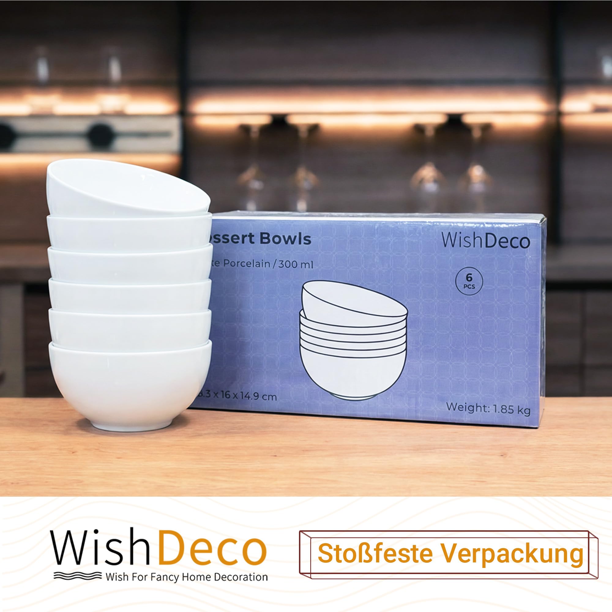 WishDeco Dessertschalen 6er Set, Kleine Müslischalen 300ml, Suppenschalen Porzellan Weiß, Snackschale Keramik, Mini Bowl Schüssel für Eis, Joghurt, Nüsse