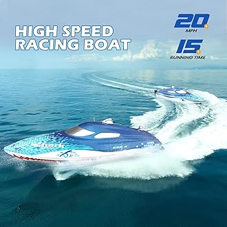 DEERC Full Proportional Remote Control Boat with LED Lights, Shark Graffiti, 20+ MPH,2.4GHz High Speed RC Racing Boats for Lakes,Pool Toys for Kids & Adults