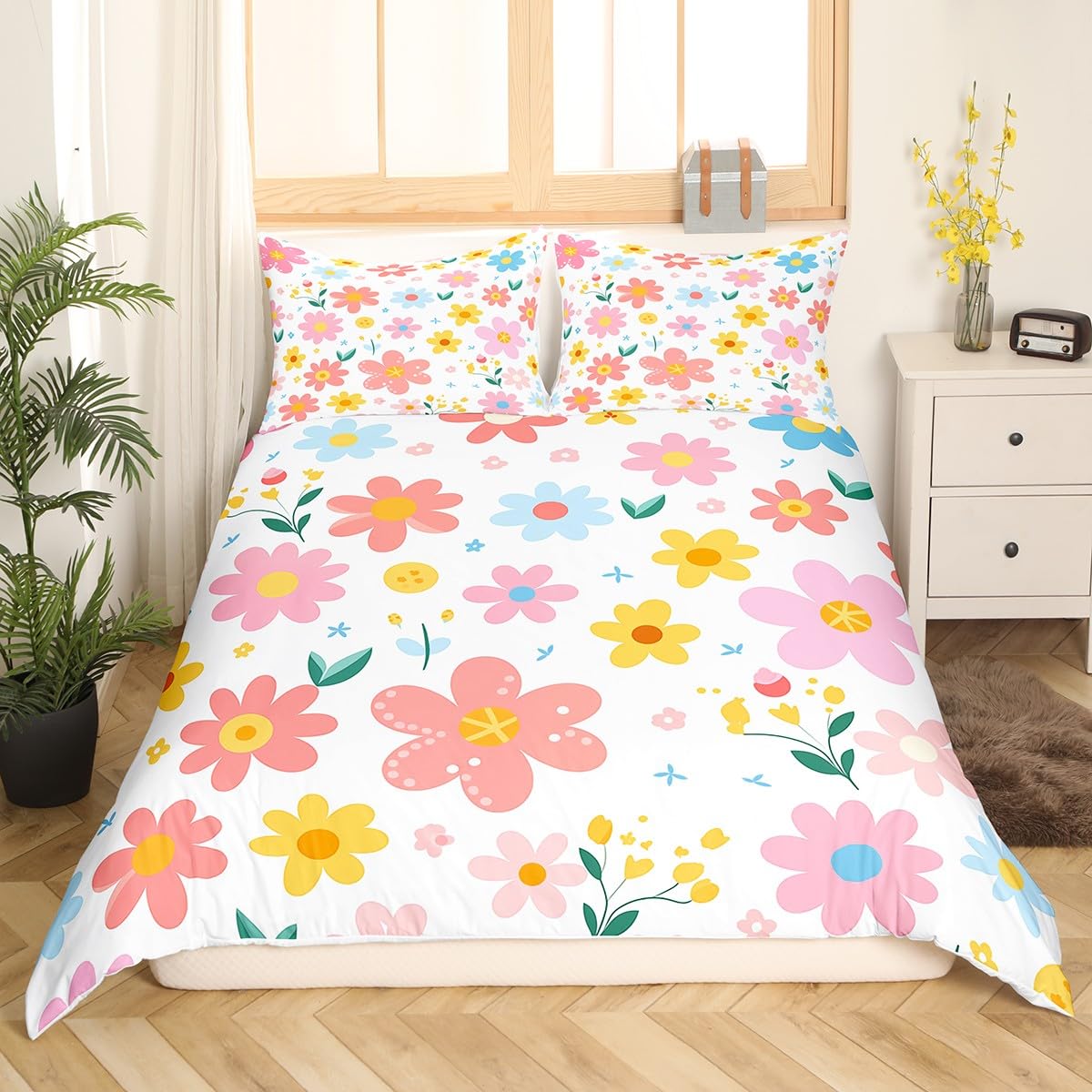 richhome Cute Flower Duvet Cover Junior/Cot Bed Kids Cartoon Cute Floral Bedding Set for Kids Girls Teens Toddler Yellow Pink Kawaii Comforter Cover Set 2Pcs - Image 3