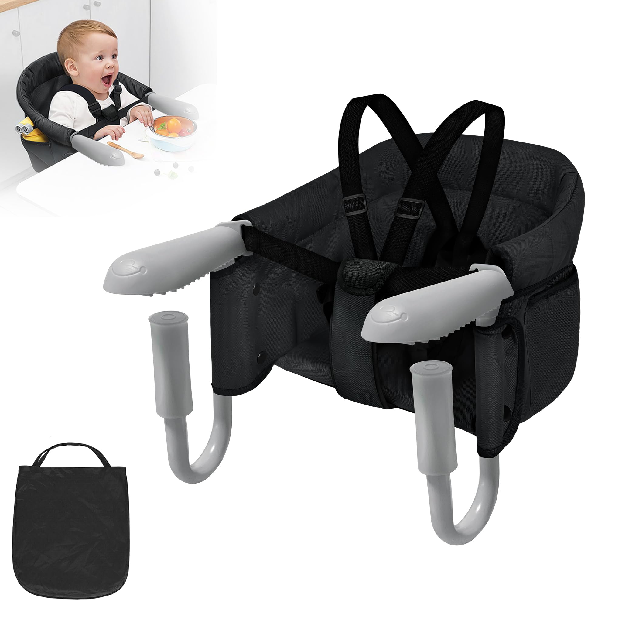 XMTECH Seggiolino da tavolo pieghevole per bambini, seggiolone, per il fissaggio al tavolo, struttura stabile, sedia da tavolo imbottita con tasca, colore nero