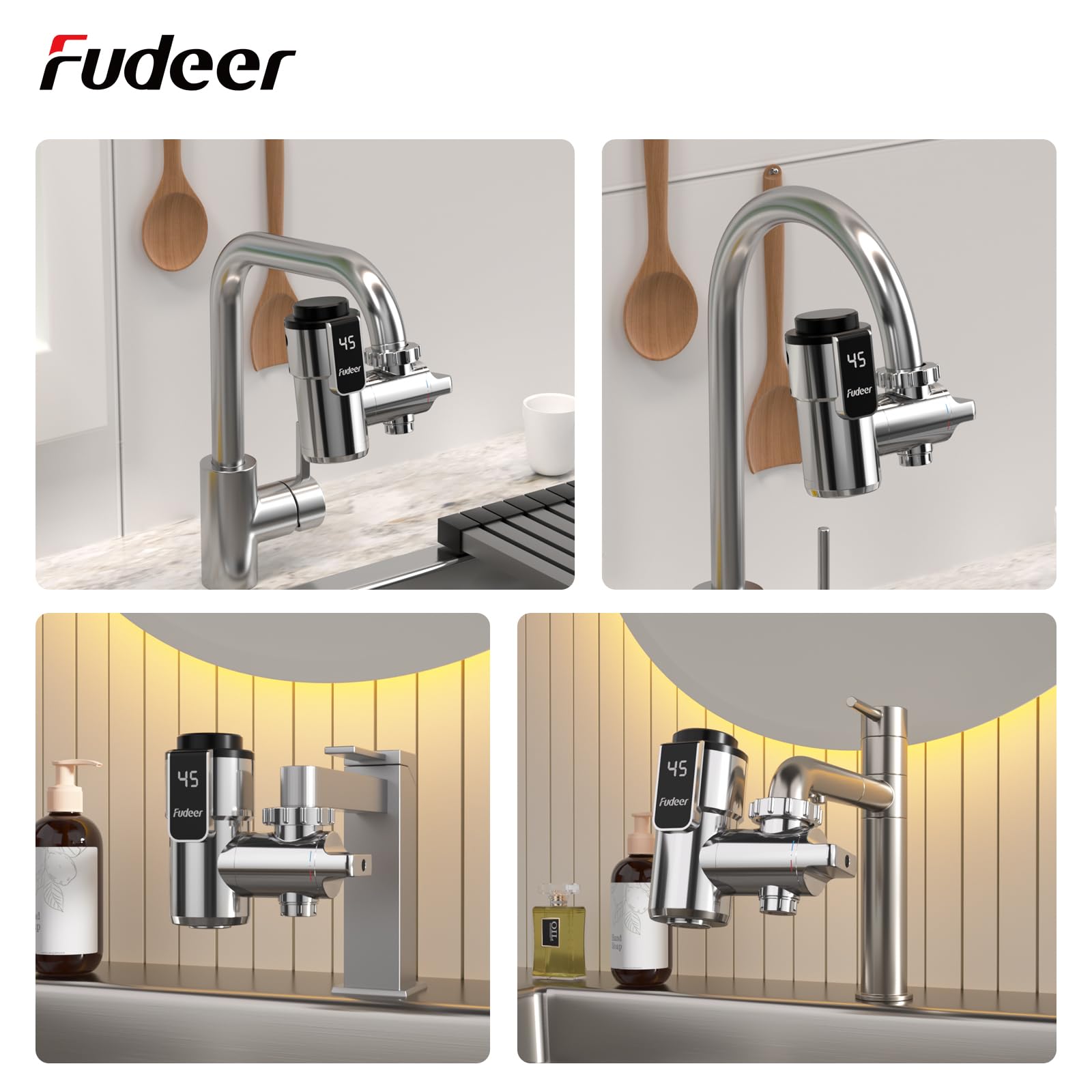 Kompakter Durchlauferhitzer (25-45℃) Sofortige Warmwasserversorgung mit nahezu allen Wasserhähnen kompatibel Einsetzbar in Küchen,Bad,Waschküchen,Werkstätten,usw. 220–240 V(Silber)