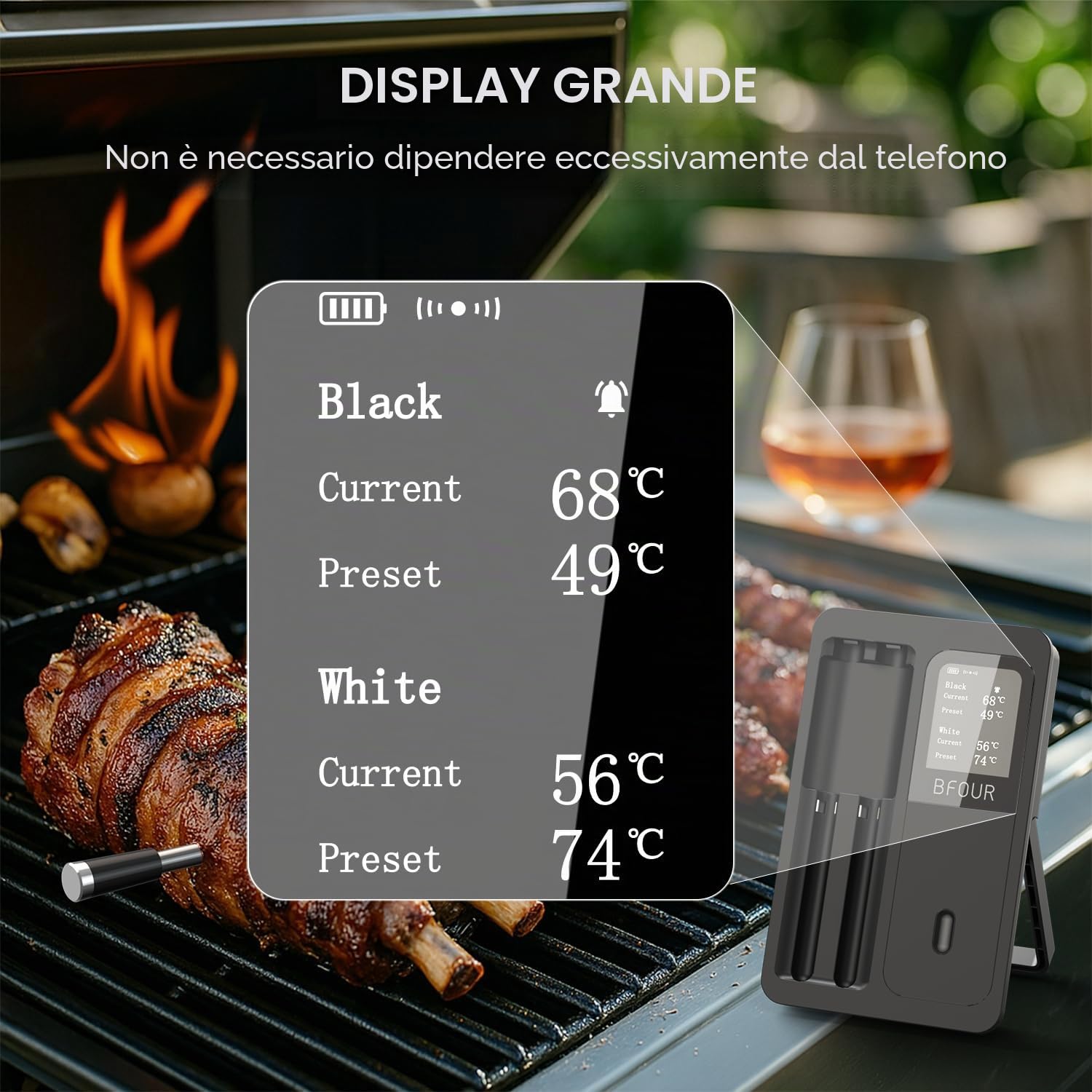 BFOUR Termometro per carne senza fili con 2 sonde, termometro Bluetooth con Smart Base, display LCD, controllo APP, termometro digitale per forno, barbecue, affumicatore, aggiornamento Ver.