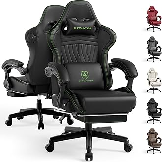 GTPLAYER ACE-PRO Music Gaming Chairs – Built-in Speakers, App Support & Bluetooth Control, Computer Game Chairs with Footrest for Adults, Ergonomic, Reclining, Linkage Armrest, Black & Green Stitch