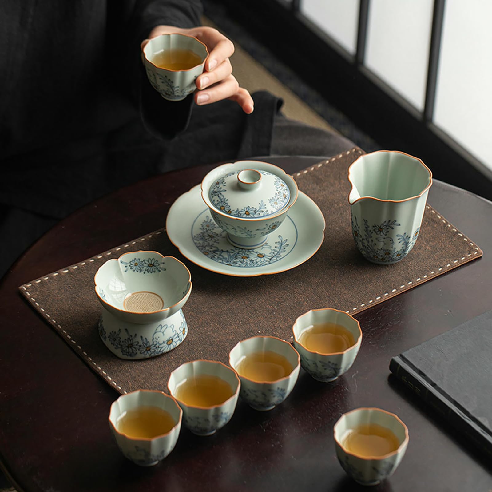 Chinesisches Retro-Schüssel-Set aus Keramik, blau und weiß mit Deckel – Schale mit Deckel, wilde Chrysanthemen-Hase